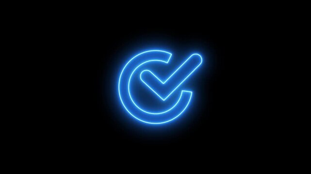 Animation of check mark icon background. Neon Tick mark icon seamless loop.Glowing neon line Tick mark or confirm icon animation.Minimal neon Check Mark icon on black background. 4k video