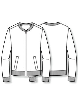 Men Jersey Bomber Jacket Set Ribbed Banding Blouson Fashion Flat Sketch Fashion Template Technical Drawing Vector Illustration Front and Back View