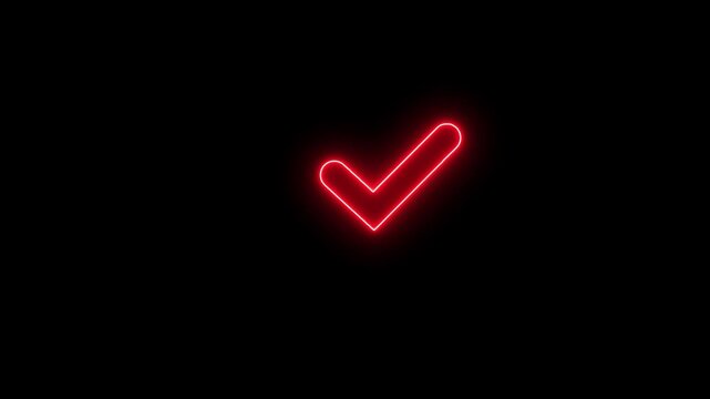 Animation of check mark icon background. Neon Tick mark icon seamless loop.Glowing neon line Tick mark or confirm icon animation.Minimal neon Check Mark icon on black background. 4k video