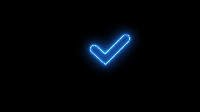 Animation of check mark icon background. Neon Tick mark icon seamless loop.Glowing neon line Tick mark or confirm icon animation.Minimal neon Check Mark icon on black background. 4k video