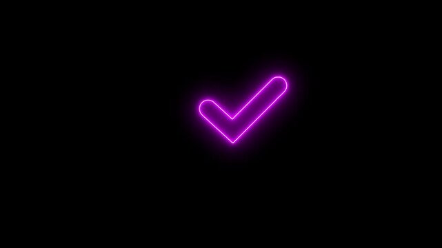 Animation of check mark icon background. Neon Tick mark icon seamless loop.Glowing neon line Tick mark or confirm icon animation.Minimal neon Check Mark icon on black background. 4k video