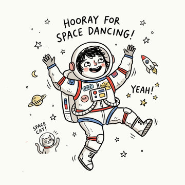 Astronaut dancing in space celebrating hooray for space dancing with rocket and alien.