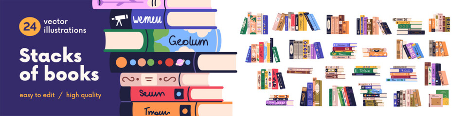 Obraz premium Set of different books. Novels and education literature spines for reading, knowledge, study. Library, encyclopedia, dictionary rows and stacks. Flat vector illustration isolated on white background