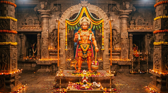 Temple statue hindu deity stone temple prayer hall sacred shrine religious ritual flower garland oil lamp devotional offering ornate arch