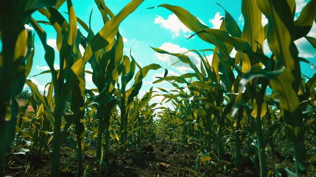 Rows of young corn plants stretching toward a bright blue sky with fluffy clouds, capturing summer growth, rural farmland, nature, and agricultural vitality, 4K.
