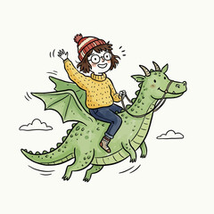 Fototapeta premium Cartoon illustration of girl riding green dragon waving her hand in sky.