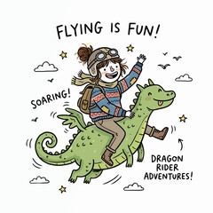 Obraz premium A happy child with a helmet and goggles riding a green dragon in the sky with clouds and stars.