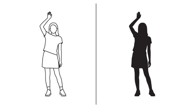 Waving Woman Silhouette: Hand Gesture Greeting Line Art Vector