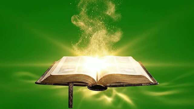 Magical Fantasy Open Book Emitting Light And Sparkles Against Green Background For Storytelling And Imagination Concepts