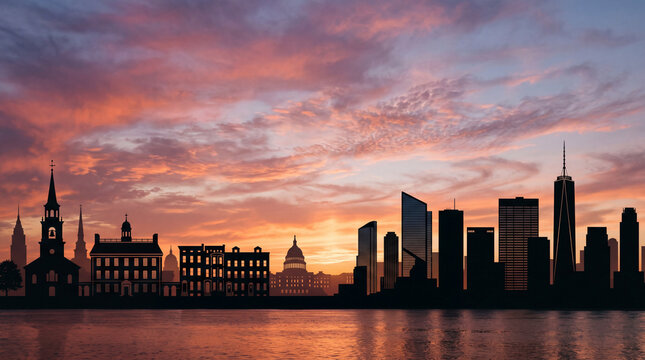 Sunset skyline silhouette over water, layered cityscape with historic church and modern tower, dramatic cloudscape and glowing horizon