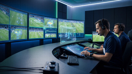 Fototapeta premium Futuristic football var room with referee and analysts monitoring multiple match screen in dark control center, blue light and digital review interface