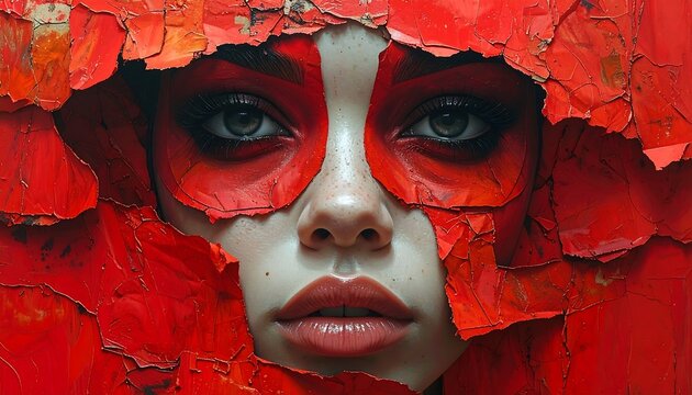 Portrait of a woman with dramatic red eye makeup, framed by textured red layers. Intense gaze, vivid colors
