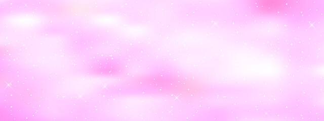 Naklejka premium Pink glitter sky with pastel gradient clouds and sparkles. Cute fantasy background featuring soft bokeh effects, hearts, and dreamy candy colors for magical girl illustrations.