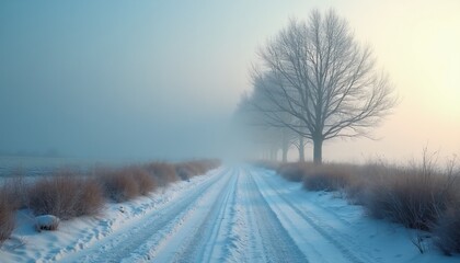 Obraz premium Snowy road with bare trees lining one side. Tall dry grass borders the path in a misty winter setting. Foggy atmosphere with soft light fading in distance.