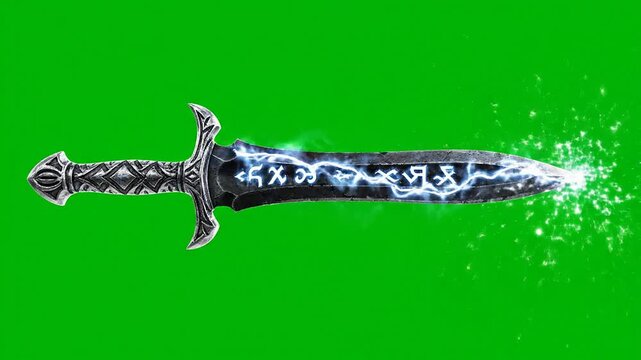 Magical Sword With Glowing Runes And Lightning Effects Isolated On Green Screen Background For Fantasy Compositing VFX Projects