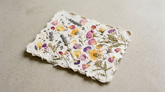Minimalist handmade cotton paper texture with dried flower petals