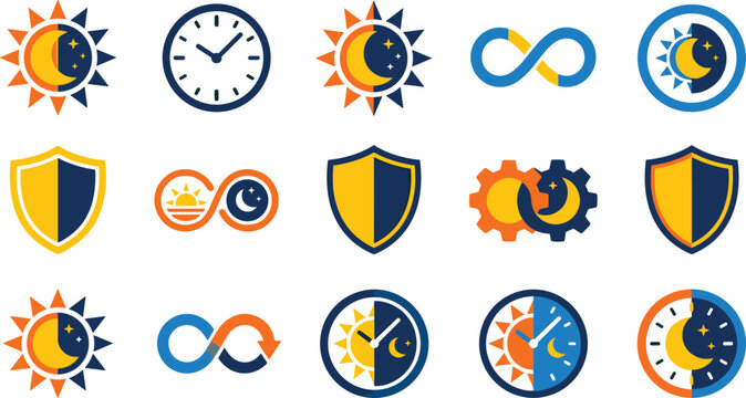 Day and Night Icon Set with Sun Moon Clock Shield and Infinity Symbols for 24 Hours Service Security and Time Management Concepts