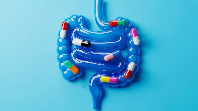Human digestive system and probiotic capsules for gut health and microbiome concept