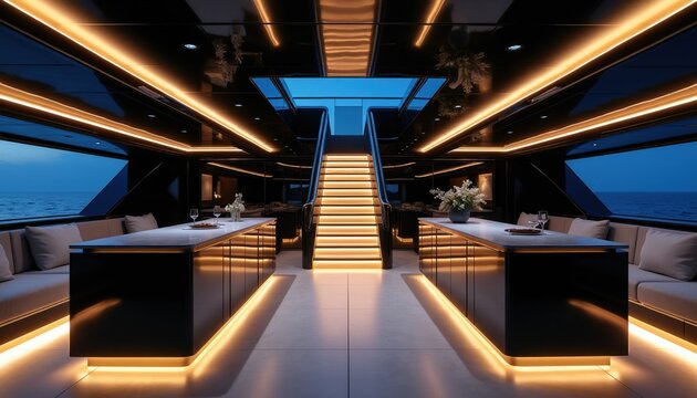 Luxurious yacht interior lounge features sleek modern design with ambient lighting. Guests can relax on plush seating, enjoy ocean views through large windows at night. Staircase leads to upper deck.