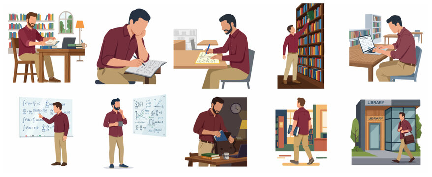 Flat vector illustration of a male student studying in a library, solving math equations, reading books, and using a laptop for academic research.