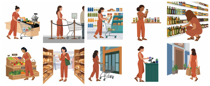Set of flat vector illustrations depicting a woman's grocery shopping journey in a supermarket