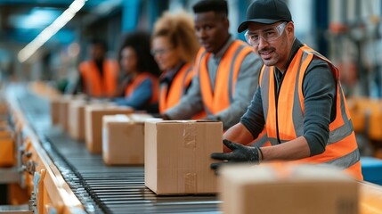 Fototapeta premium Efficient and Diverse Team Collaborating on Parcel Sorting in a Modern Distribution Center Facility