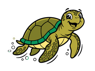 Naklejka premium Cartoon sea turtle swimming underwater with bubbles, isolated vector illustration for marine life designs.