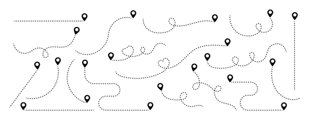 Simple route map icon with location pin. Route dash line with location pin. Hand drawn curve dotted line vector set. Dotted travel path symbol, navigation journey graphic element.   © Jerrymoon