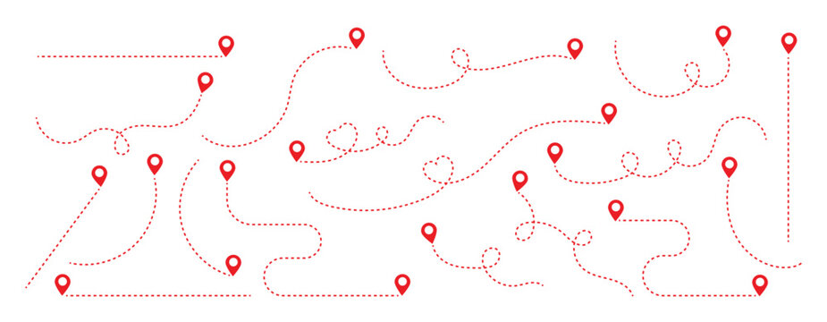 Simple route map icon with location pin. Route dash line with location pin. Hand drawn curve dotted line vector set. Dotted travel path symbol, navigation journey graphic element.	
