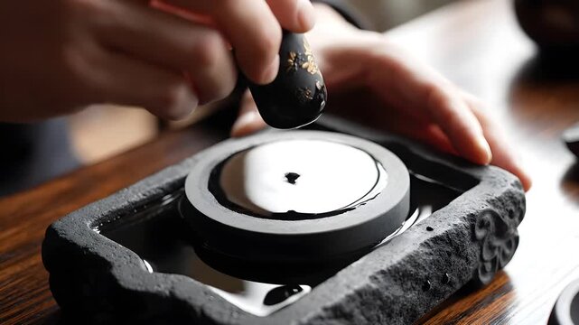 Close up of hands carefully grinding a decorated solid ink stick on a black stone inkstone to prepare liquid ink for traditional calligraphy
