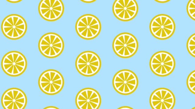 Cute yellow lemon slices seamless pattern background loop on light blue for summer