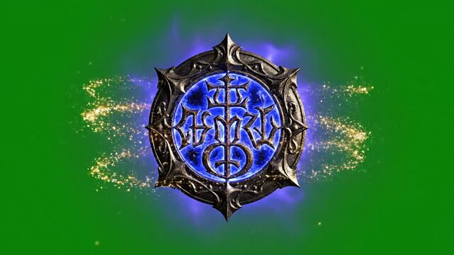 Mystical Glowing Emblem with Intricate Designs Surrounded by Sparkles on Vibrant Green Background for VFX Overlays and Fantasy Projects