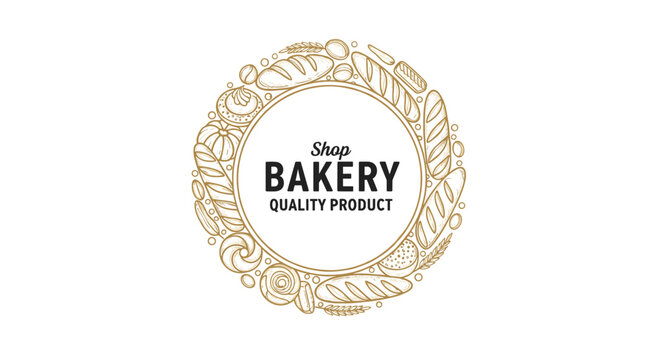 Circular bakery shop logo design featuring hand drawn sketches of various breads, rolls, and pastries around central text.