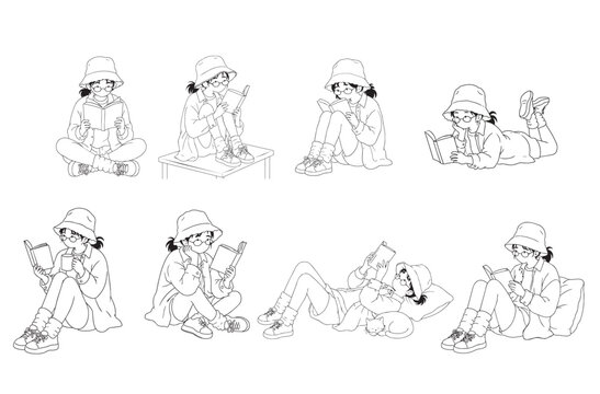 Cozy Reading Girl Pose Set Black Line Vector Illustration