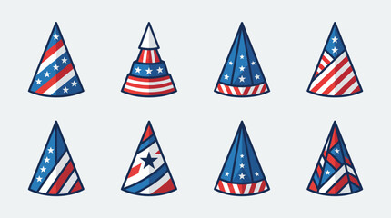 Fototapeta premium Patriotic Party Hat Icons Set Vector for 4th of July Celebration with Stars and Stripes