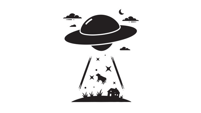 Minimalist UFO abduction vector illustration, black and white alien spaceship silhouette, flying saucer beaming up a cow over a farm house