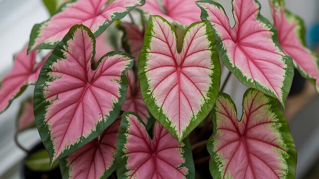 Pink caladium leaves with vibrant tropical foliage