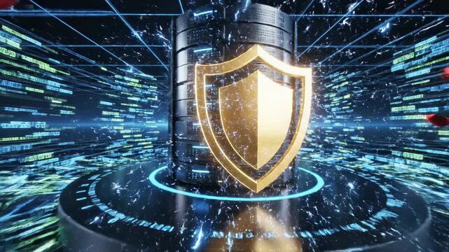 Digital data server protected by golden shield in abstract blue digital stream representing cybersecurity and data protection
