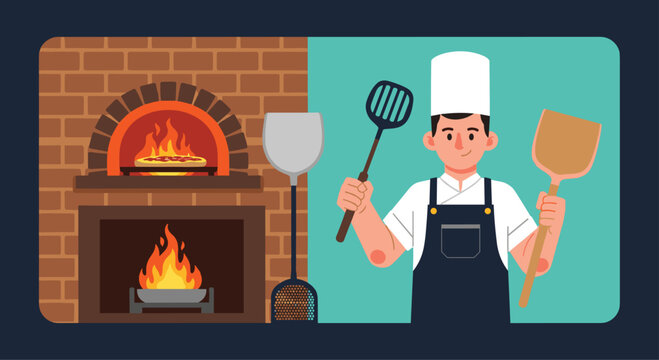 Professional chef wearing apron and hat holding cooking tools in front of a traditional brick pizza oven with warm fire.