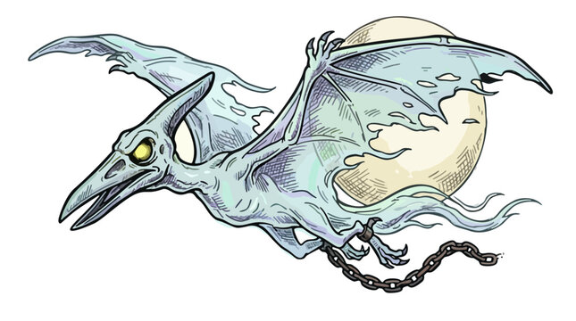Ghostly pterodactyl flying in front of full moon halloween vector illustration