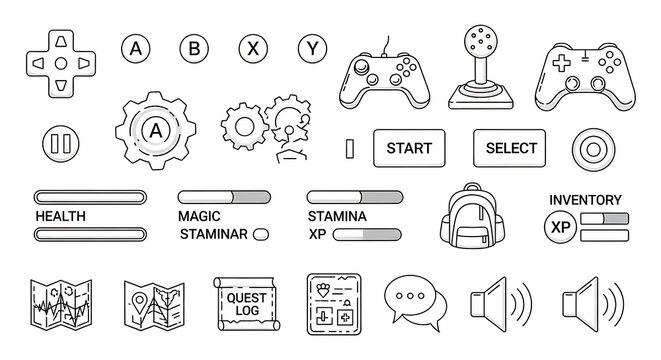 Various gaming icons and symbols for user interface elements and controls are shown in black and white