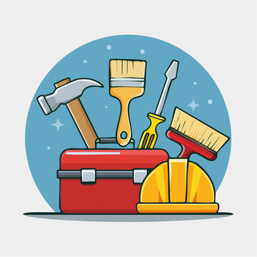 Red toolbox with construction and repair tools