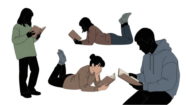 Four people reading books in different positions on the floor and standing.