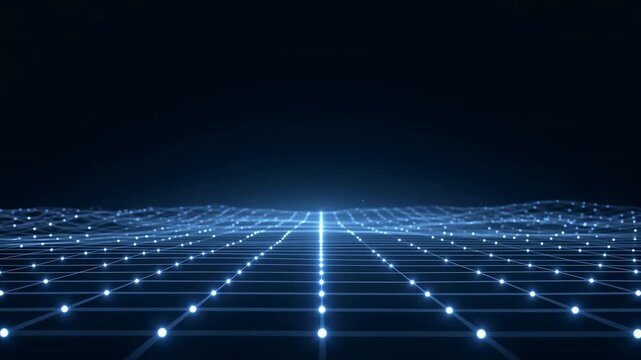 Futuristic blue digital wireframe grid network background loop