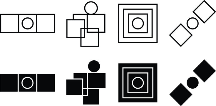 Abstract geometric shape line art and silhouette icon set featuring creative square circle composition elements vector illustration