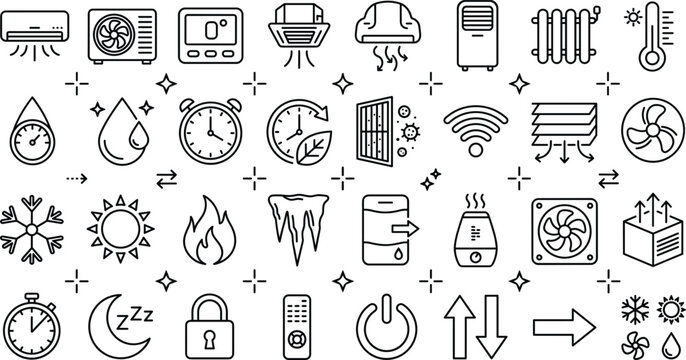 Air conditioning and smart climate control line art icon set featuring hvac ventilation heating cooling temperature vector illustration