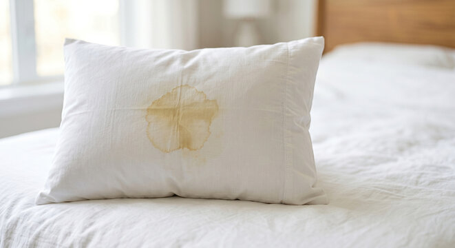 White pillow with yellow sweat stain on bed in bright bedroom hygiene and cleaning concept