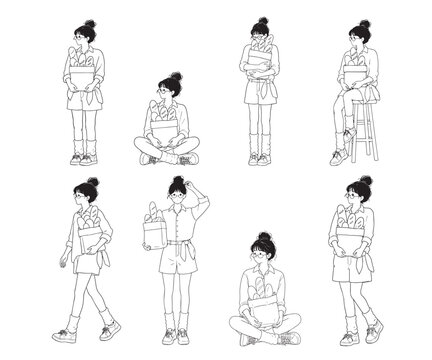 Bakery Woman with Bread Bag Pose Set Black Line Vector Illustration