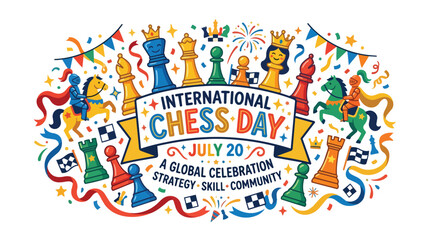 Obraz premium International Chess Day celebration with colorful board game pieces and festive decorations