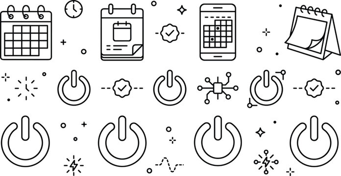 Calendar and power button icon set vector line art minimal style schedule planning time switch interface elements